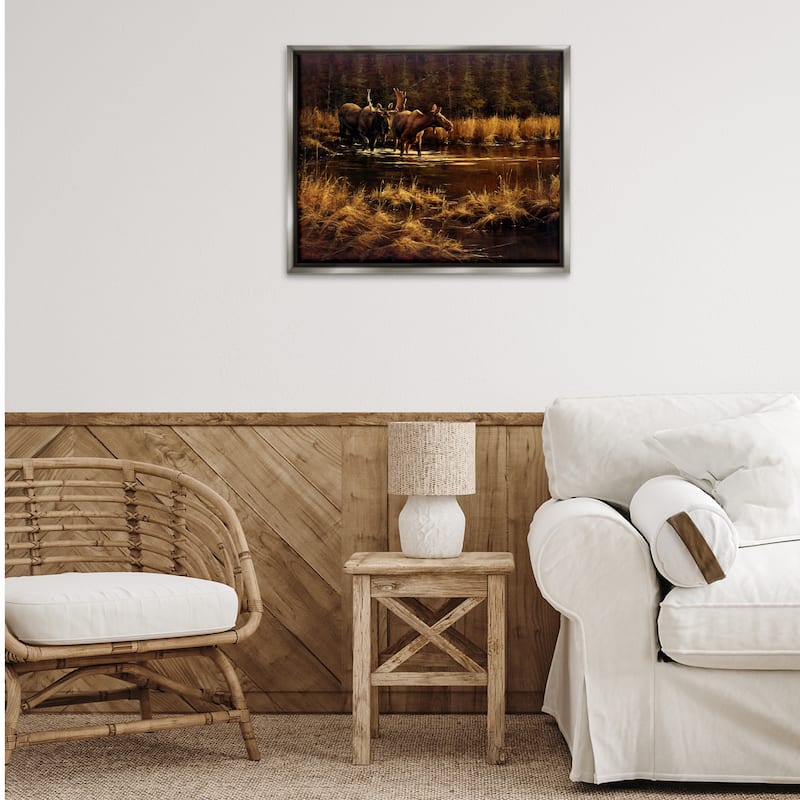 Stupell Moose Pair at Stream Framed Floater Canvas Wall Art Design By Paco Young