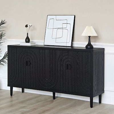 Sideboard Cabinet with 4 Doors, Kitchen Buffet Storage Cabinet, Entryway Table with Adjustable Shelves & Solid Wood Legs