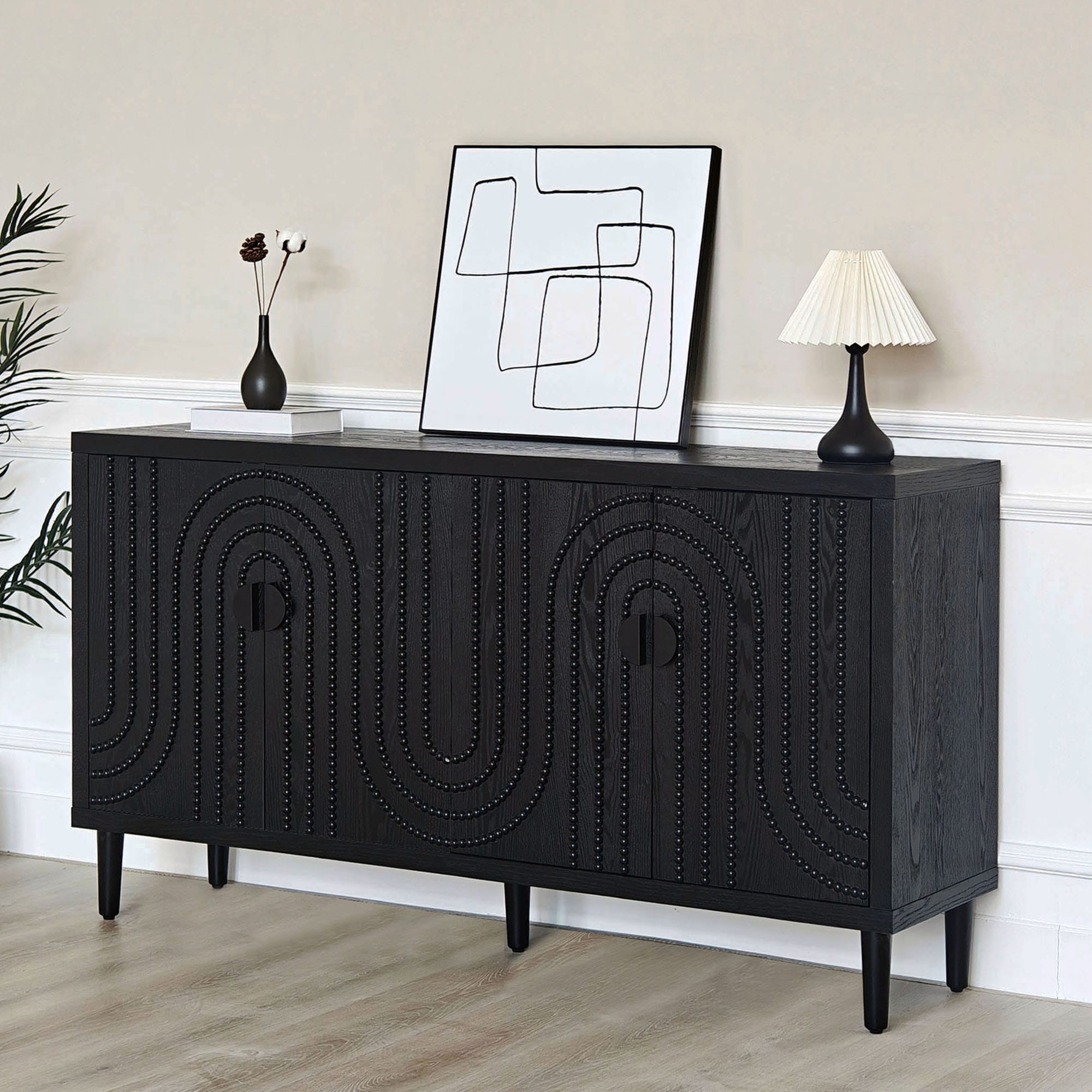 Sturdy Wooden TV Stand Bookcase Accent Cabinet, Black Base Cabinet Coffee Bar Cabinet with Tapered Legs