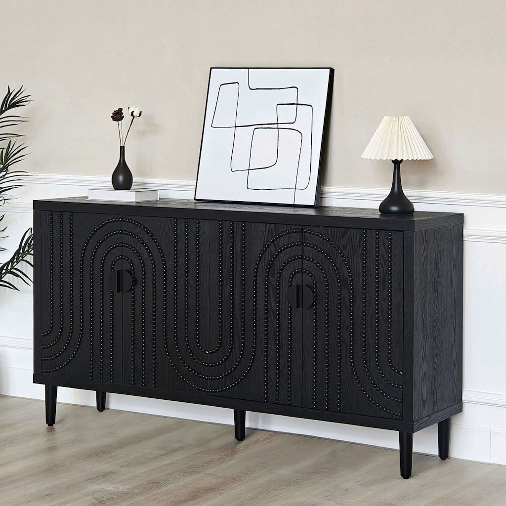 Sturdy Wooden TV Stand Bookcase Accent Cabinet, Black Base Cabinet Coffee Bar Cabinet with Tapered Legs