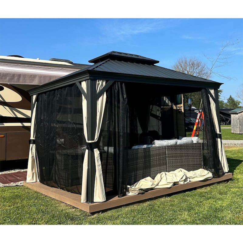 PURPLE LEAF Outdoor Galvanized Steel Hardtop Gazebo, Aluminum Frame Gazebo With Curtains