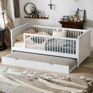White Twin Bed Frame Platform Bed Daybed with Guardrail and Trundle
