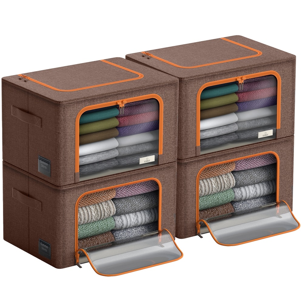 Sorbus Storage Bins with Metal Frame Stackable Foldable Clothes Organizer Bags Oxford Fabric With Clear Window & Handles- 4Pk