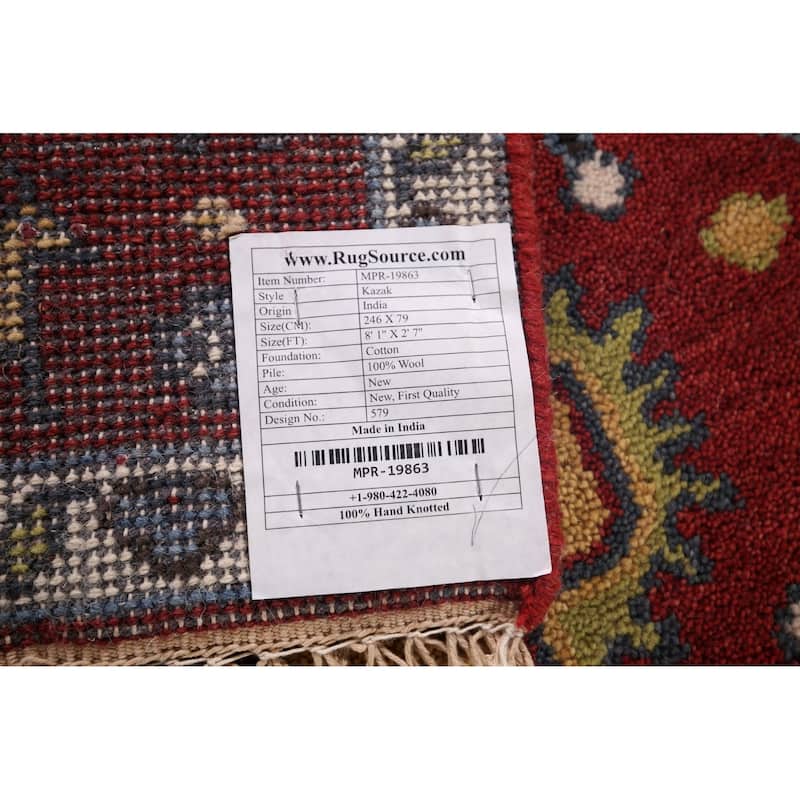 Red Geometric Kazak Oriental Runner Rug Hand-Knotted Wool Carpet - 2'7"x 8'1"
