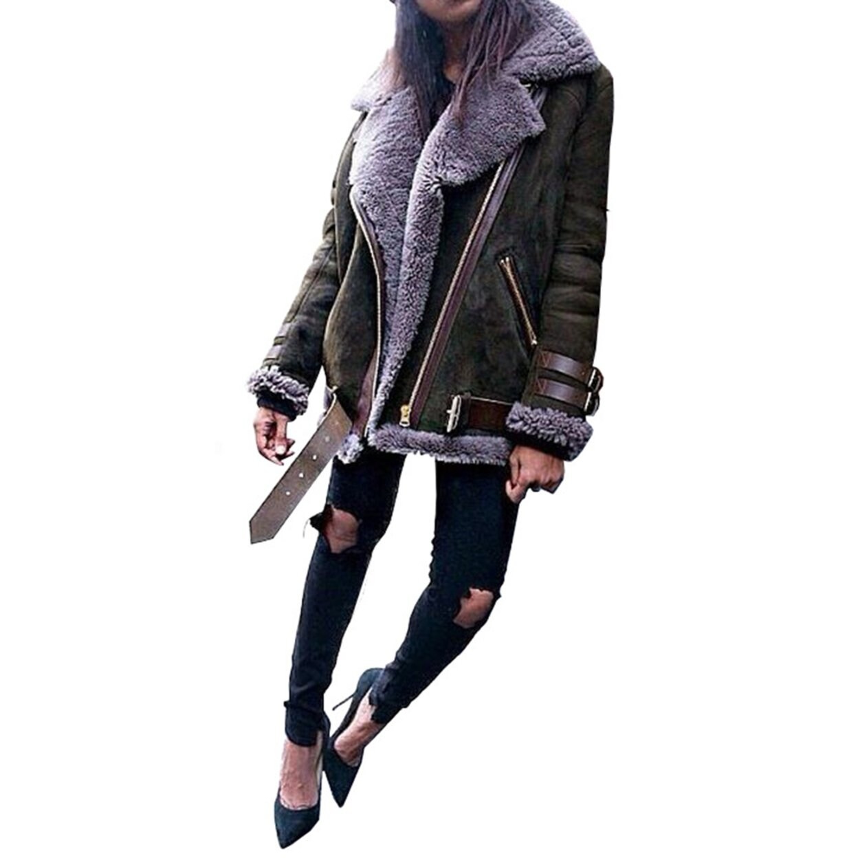 Shop Winter Suede Faux Fur Lapel Buckle Strap Long Sleeve Women