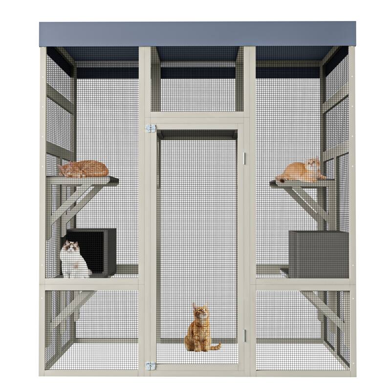 Catio Enclosure Outdoor Wooden, Indoor Cat House with Waterproof Roof, Wood Cage Playpen with Rust-Proof Wire & 2 Napping House