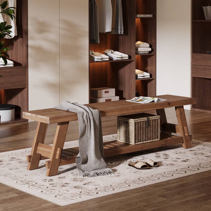 2 Tier Solid Wood Shoe Rack Bench for Entryway - 62.99" L x 13.78" W x 17.72" H