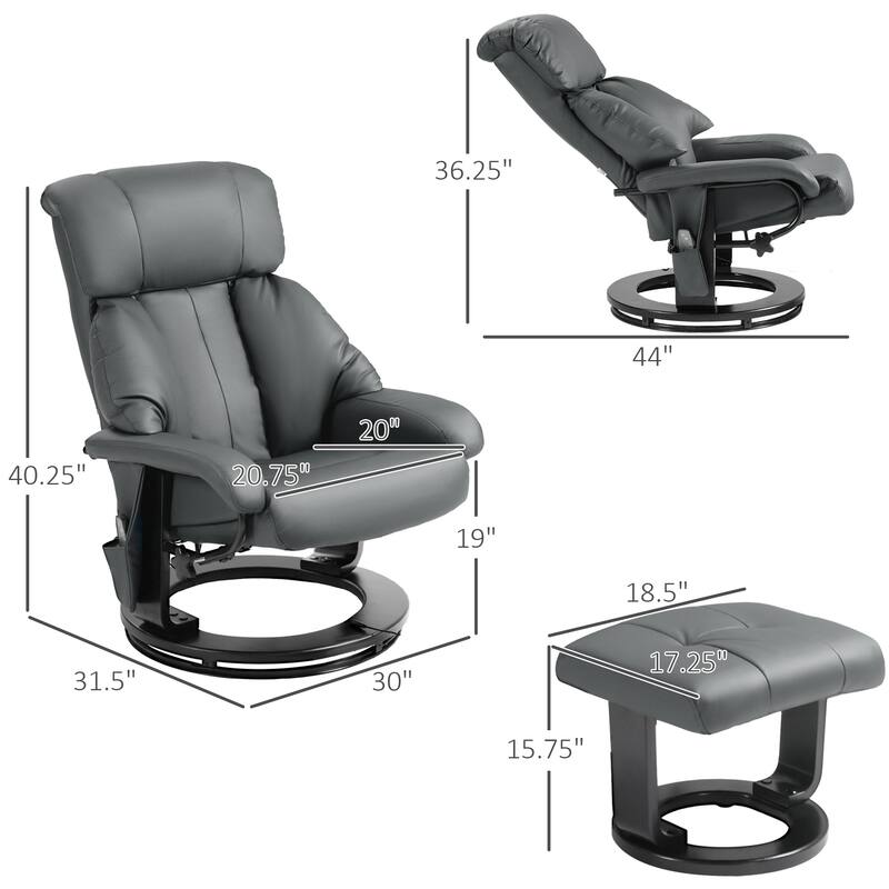 PU Leather Vibration Massage Recliners , with Footrest and Side Pockets, Manual Tilt Backrest Adjustment and 360° Rotating Base