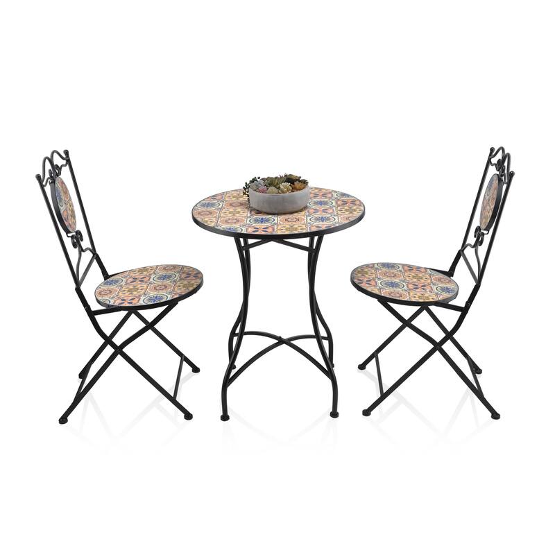 Alpine Corporation Indoor/Outdoor Mediterranean Tile Design Set Table and Chairs Patio Seating