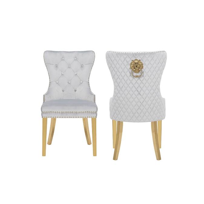 Modern Set of 2 Dining Chairs with Button Tufted Upholstered Back, Nailhead Trim, Stainless Steel Legs for Dining Room - LIGHT GREY