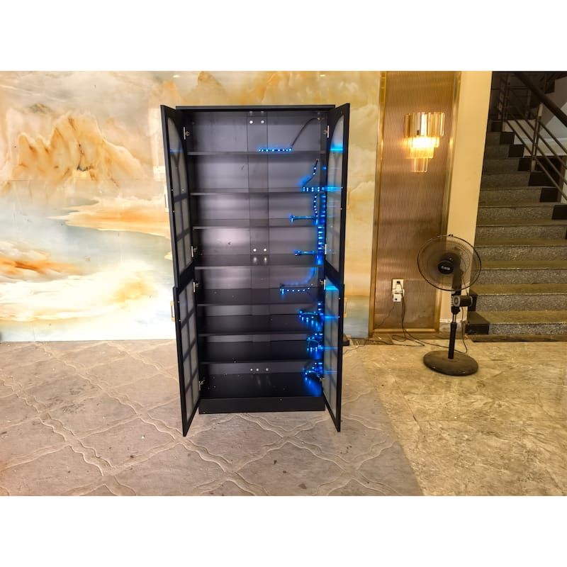 8-Tier Tall Shoe Storage Cabinet with Doors, Led Lights and Adjustable Shelves for Entryway, White