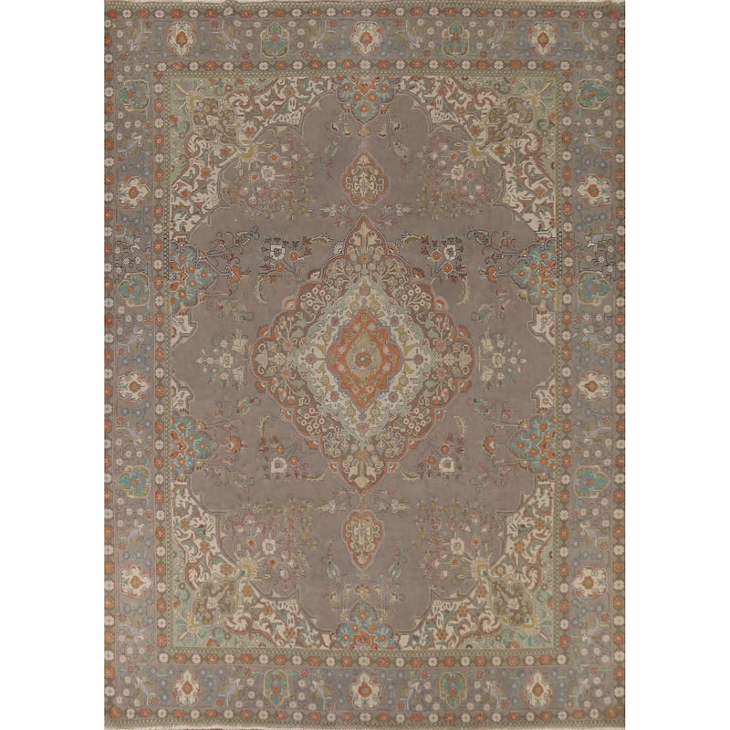 Gray Distressed Tabriz Persian Vintage Area Rug Handmade Wool Carpet - 9'7"x 13'0"