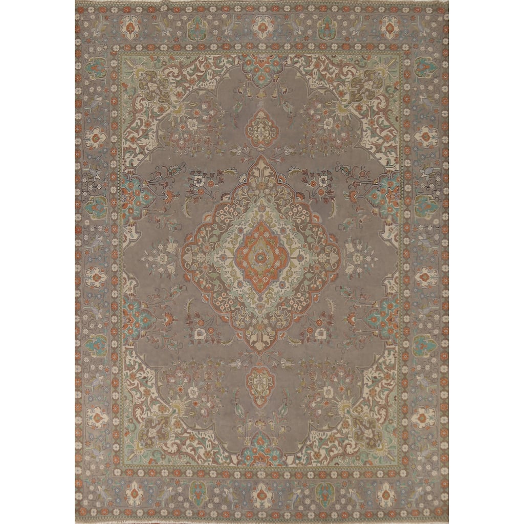 Gray Distressed Tabriz Persian Vintage Area Rug Handmade Wool Carpet - 9'7"x 13'0"