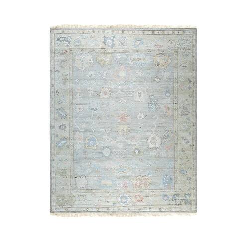 Hand-Knotted Natural Silk Grey/Light Olive Classic Floral Natural Silk Oushak Rug - 10' x 14'