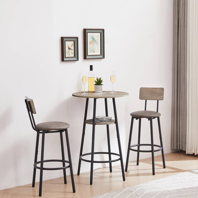 Round Bar Stool Set with Backrest and Shelf - Upholstered