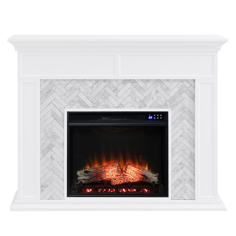 SEI Furniture Torton Contemporary Electric Fireplace with Chevron Marble Tiled Mantel