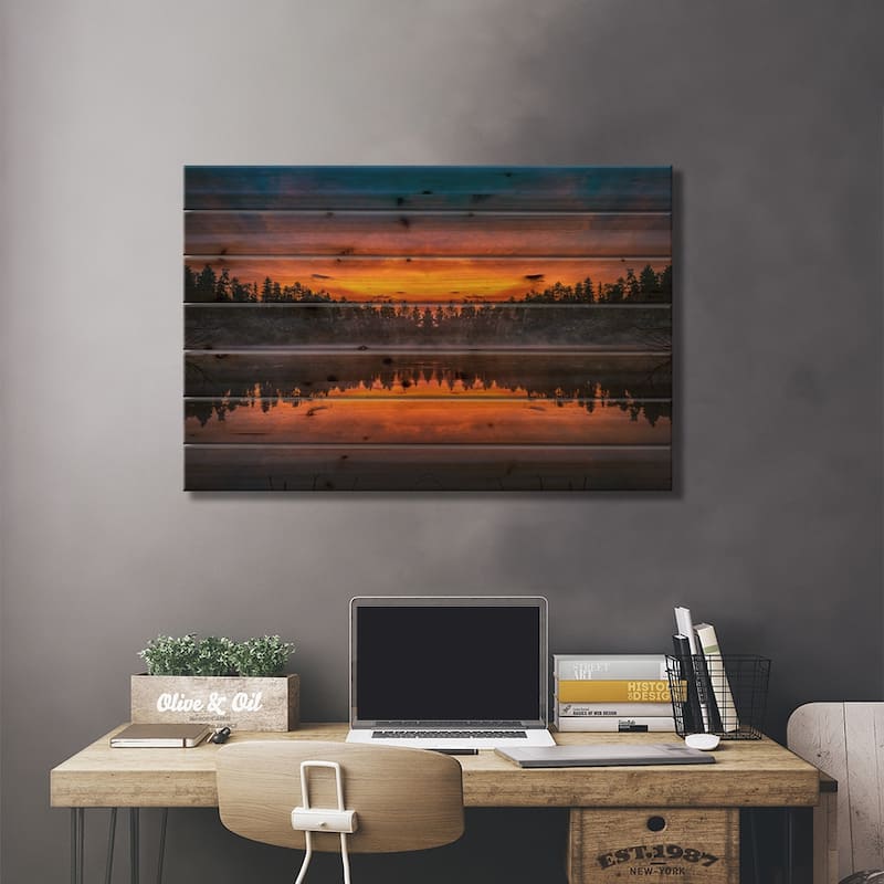 Diamond Lake Mirrored Sunset Print On Wood by Christopher Thomas - Multi-Color