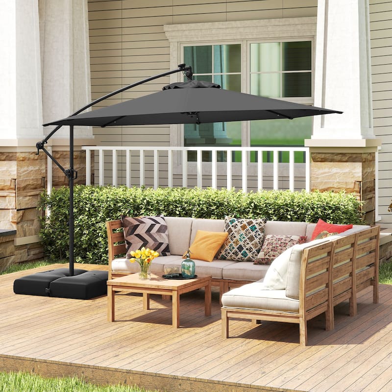 Gymax 10 FT Solar Offset Hanging Umbrella Patio Cantilever Umbrella w/