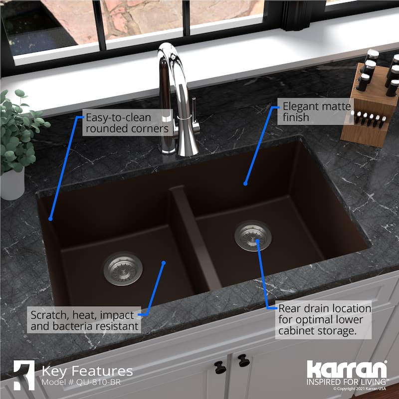 Karran 32" Undermount Double Equal Bowl Quartz Kitchen Sink Kit - 32" x 19.5" x 9"
