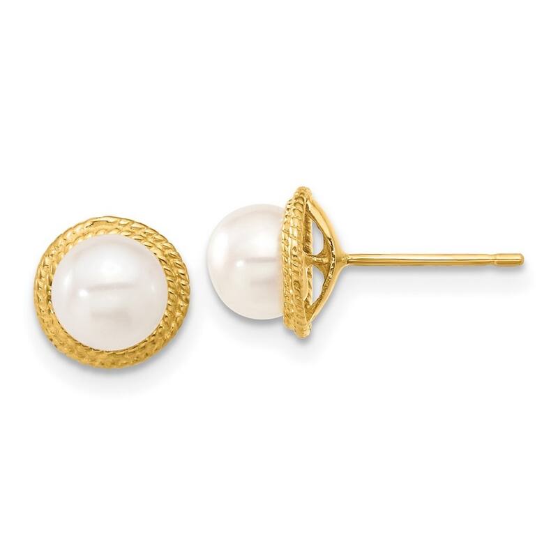 Curata 14k Yellow Gold 5-6mm White Button Freshwater Cultured Pearl Earrings and Pendant Necklace Set