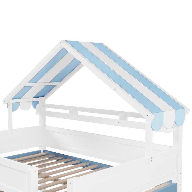 Full Size Loft Bed with Canopy Roof & Storage Cabinet - Space-Saving Study Bed