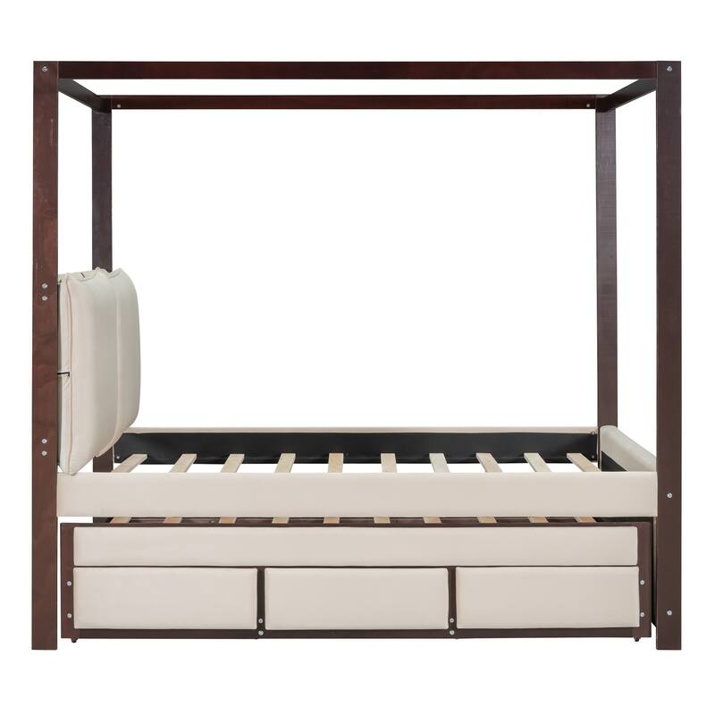 Full Size Canopy Platform Bed, Upholstered Canopy Bed with Trundle and