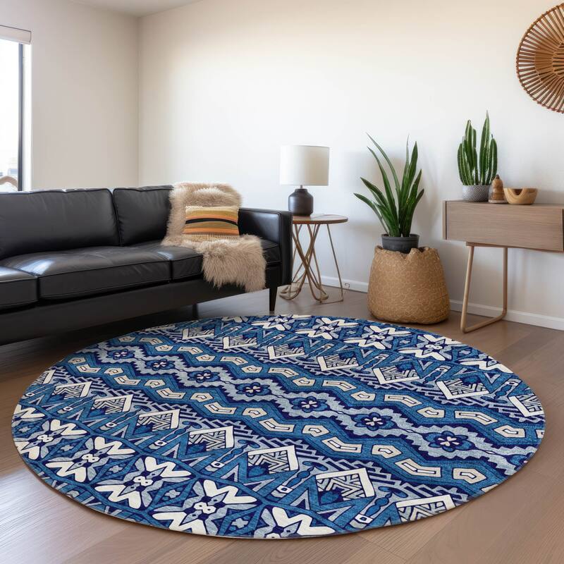 Premium Washable Super Soft Moroccan Global Mayfield Rug - Navy - 8' x 8'