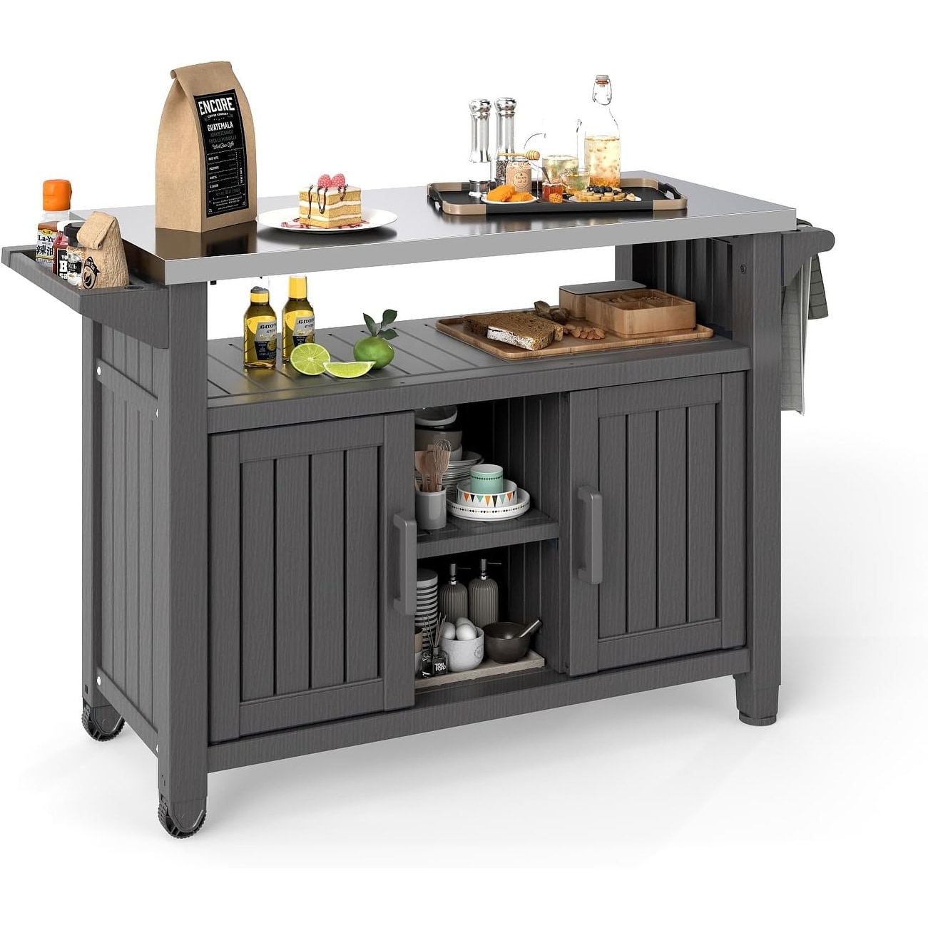 Outdoor Kitchen lsland with Wheels for BBQ Food Prep, Outdoor Grill Cart for Parties, Courtyard, Kitchen