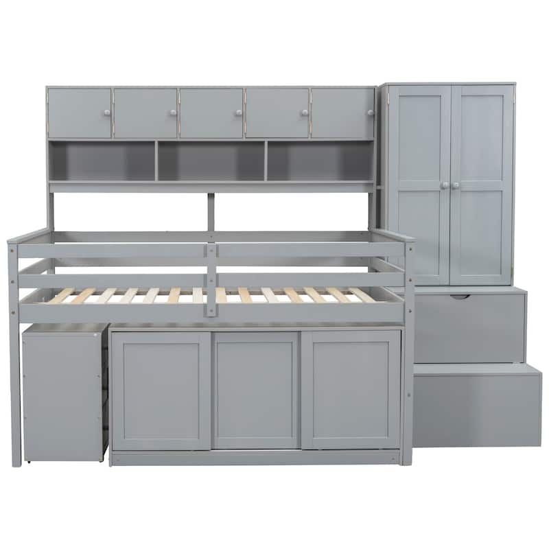 Wooden Loft Bed with Integrated Wardrobe, Under-bed Desk, Drawers, with Shelves