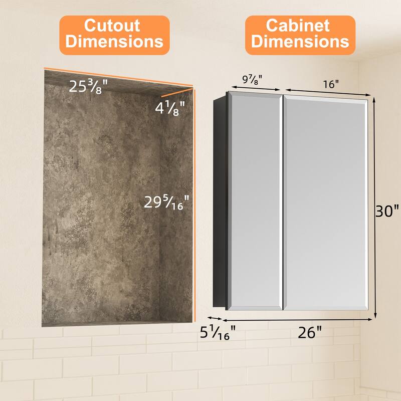 Belle Medicine Cabinet with Mirror, Adjustable Shelves, Recessed or Wall Mount