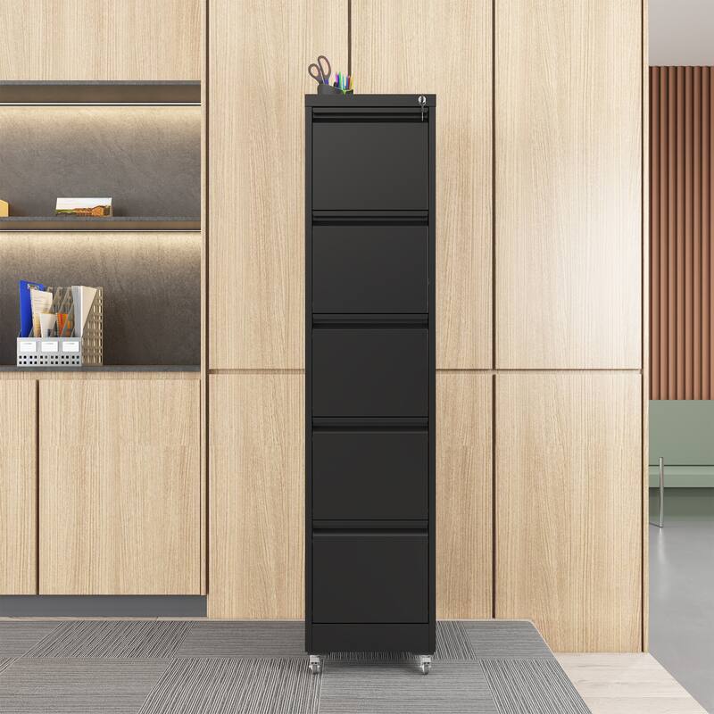5 Drawer Metal Vertical File Cabinet with Wheels, Home Office Metal Storage Cabinet with Anti-Tilt & Locking Drawers