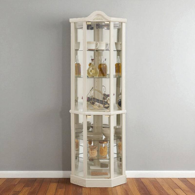 Lighted Corner Curio Cabinet with Glass Doors, Adjustable Shelves & Carved Cherry Decor, Elegant Display Cabinet for Home - White