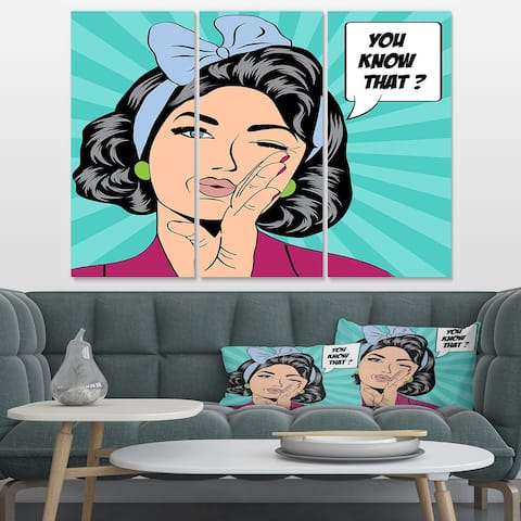 Designart 'Woman in Comic Style' Abstract Portrait Canvas Print - 36x28 - 3 Panels