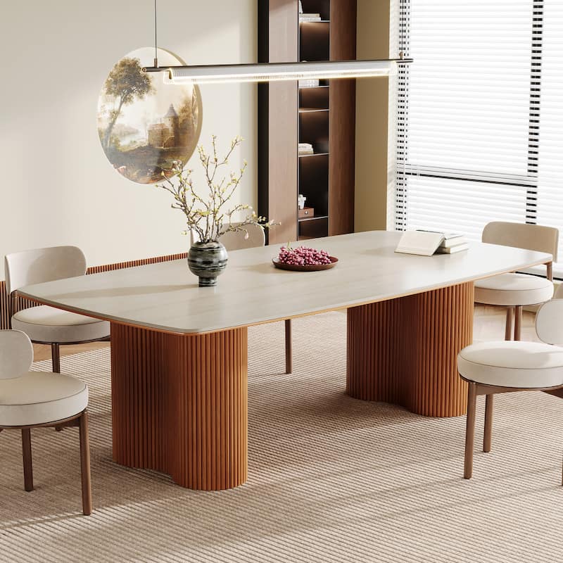 78.7" Rectangle Dining Table, Luxury Sintered Stone Kitchen Table with Solid Wood Legs - Beige White/Light Walnut