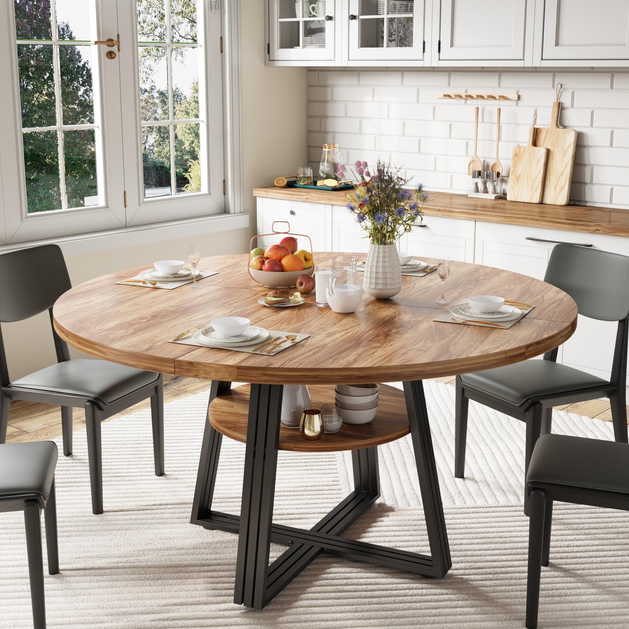 Round Dining Table for 4-6, 47" Kitchen Table with Storage Shelf