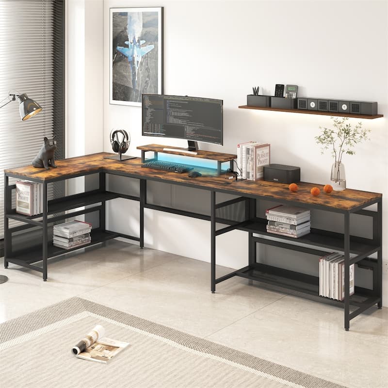 U-shaped Desk with Shelve and LED Lights