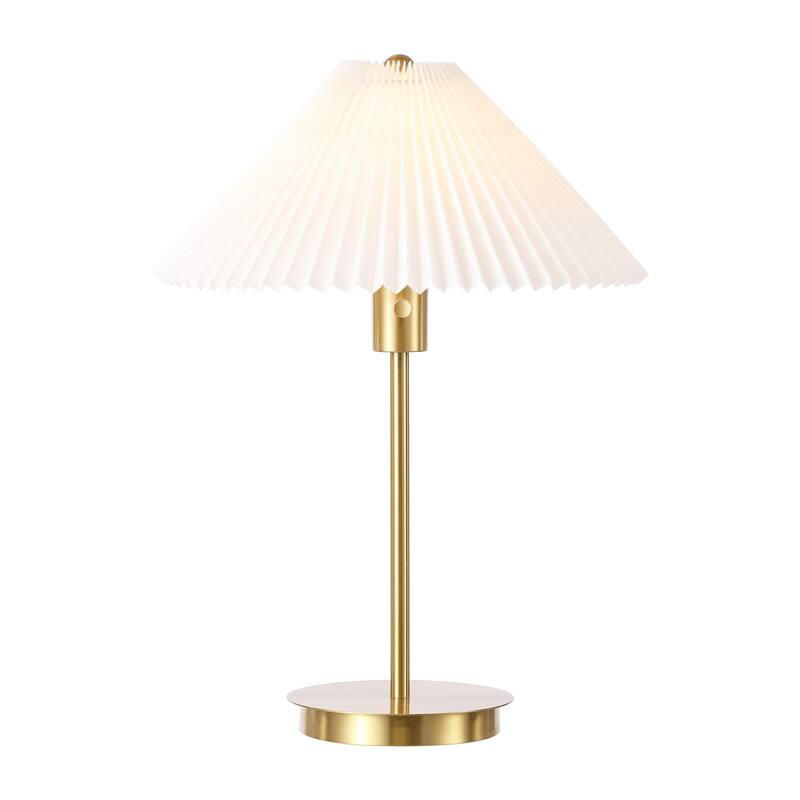 Isla 21.25" Modern Glam Metal Column LED Table Lamp with USB Charging Port and Pleated Shade, Brass Gold/White, by JONATHAN Y