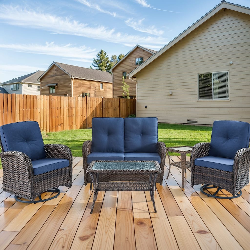 Outdoor Glider Sofa with Swivel Chair Brown-Blue - Brown