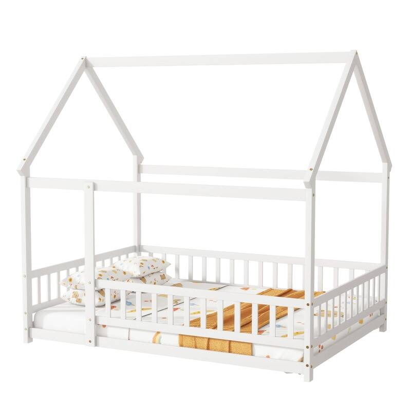 Full Size Wooden House Floor Bed with Roof Frame and Safety Guardrails