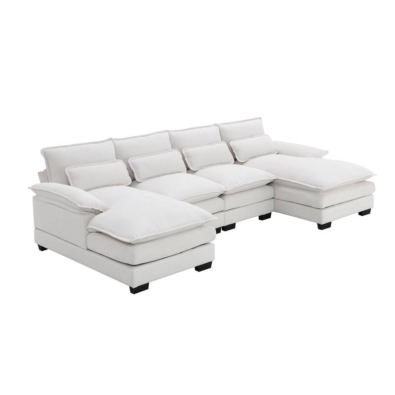 Modular U-shaped Sectional Sofa with 4 Waist Pillows, 6-Seat Upholstered Sofa with Chaise Lounge, Oversized Chenille Cloud Sofa