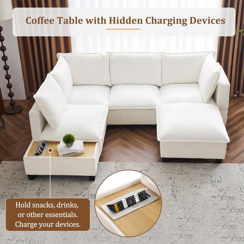 90" Modular U-Shaped Sectional Sofa with a Movable Ottoman,a Coffee Table with Hidden Charging Devices