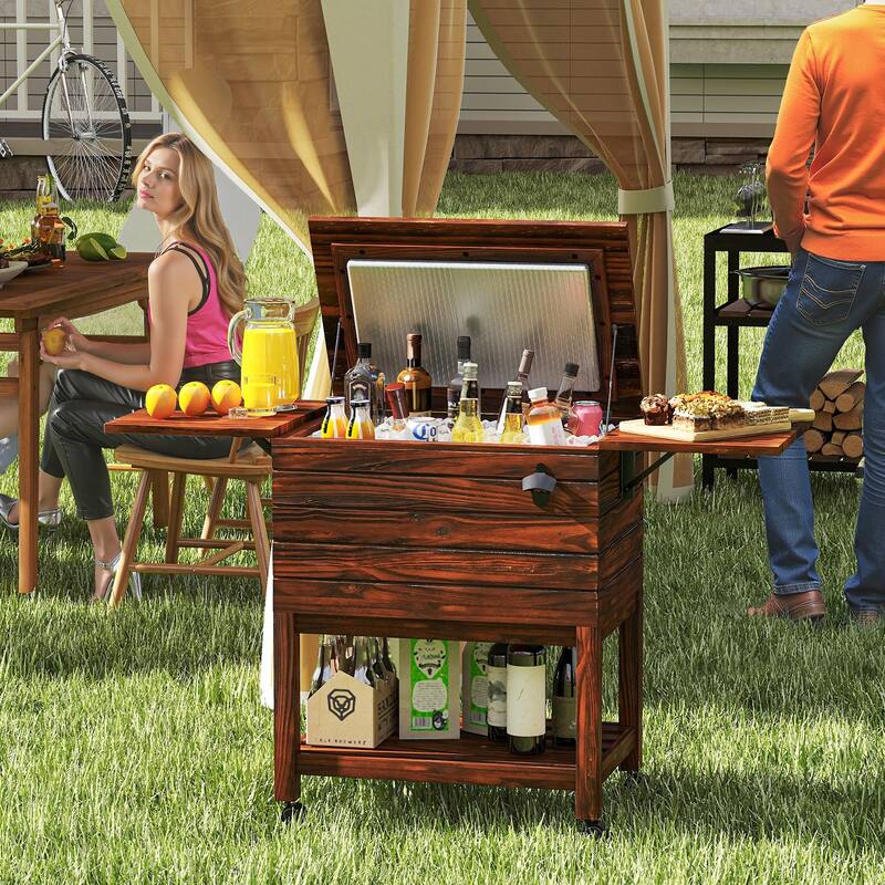 Rustic Brown Pine Wood Patio Cooler 54QT with Wheels and Folding Shelves - 50" L x 16.5" W x 29" H