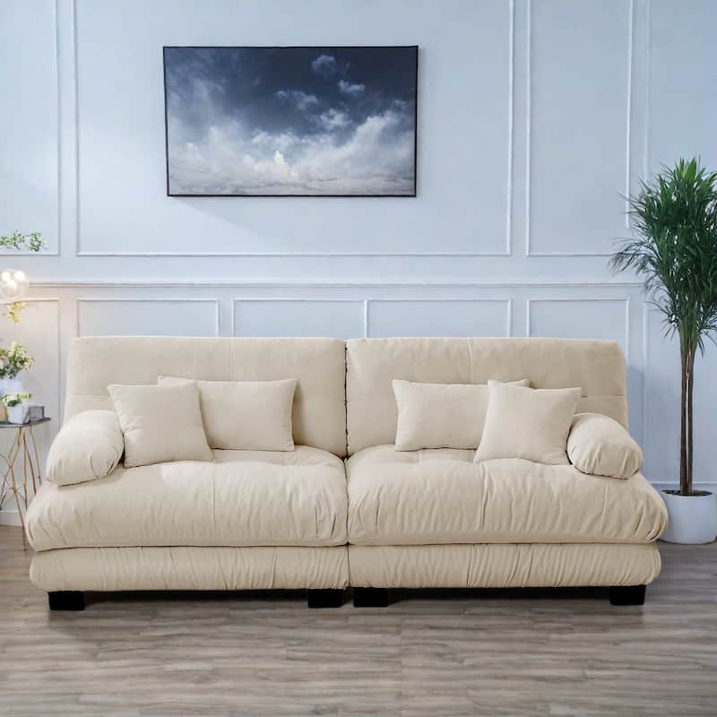 94.4" Chenille 3-Seat Sofa with Round Bolster Armrests, Deep Seat Cushions for Living Room - Light Coffee