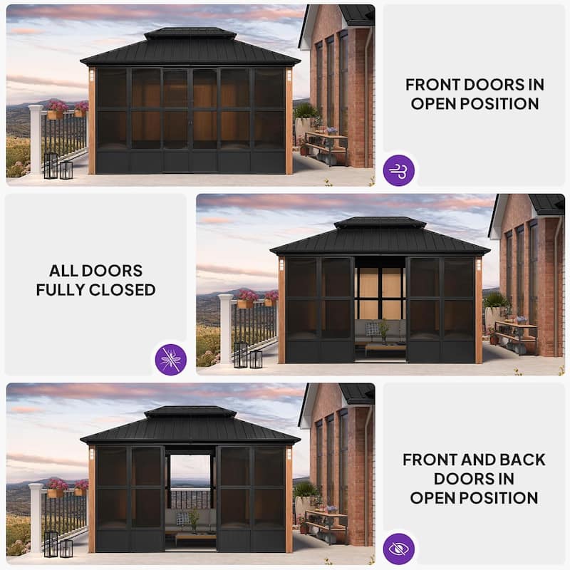 PURPLE LEAF Double Top Outdoor Wood Grain Sunroom All-Weather Screen House Patio Hardtop Gazebo