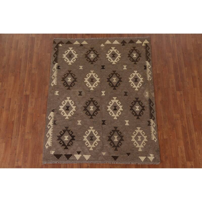 Hand Woven Oriental 100% Wool Carpet Southwestern Geometric Brown Kilim Area Rug - 6' 4'' X 5' 0''