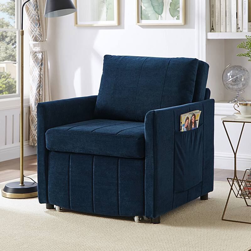 Upholstered Convertible Sleeper Sofa with 5-Position Adjustable Backrest, Side Pockets and Storage Basket, Blue