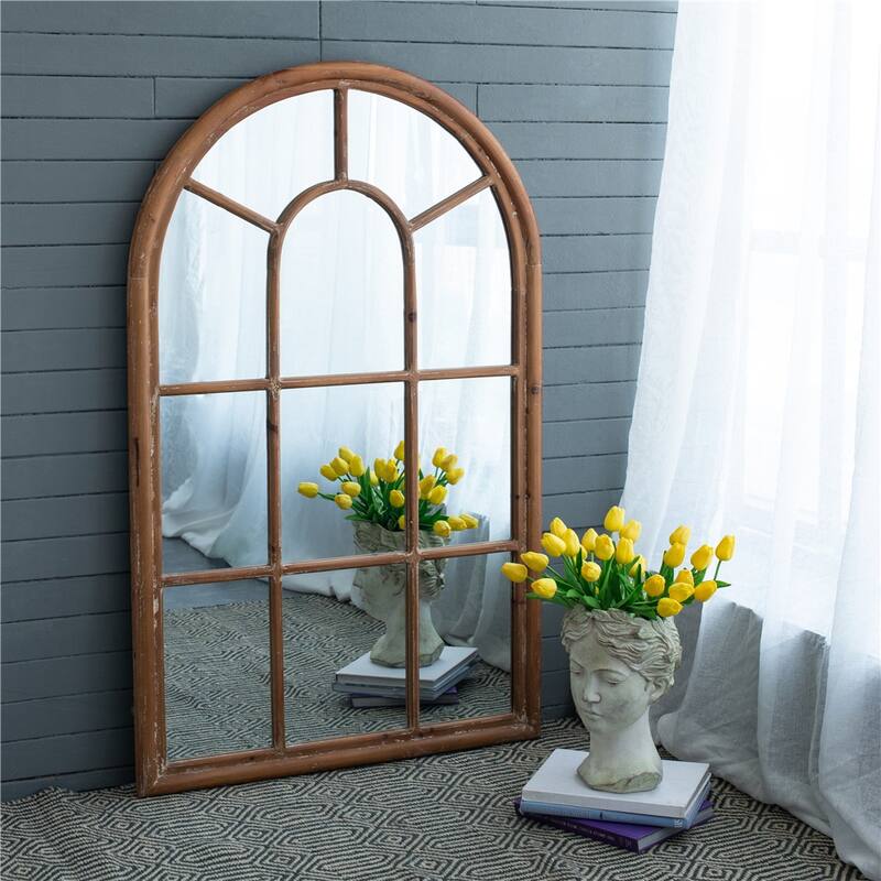 Large Arched Accent Mirror with Brown Frame w/ Decorative Window Look - Brown