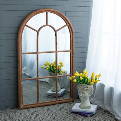 Large Arched Accent Mirror with Brown Frame w/ Decorative Window Look