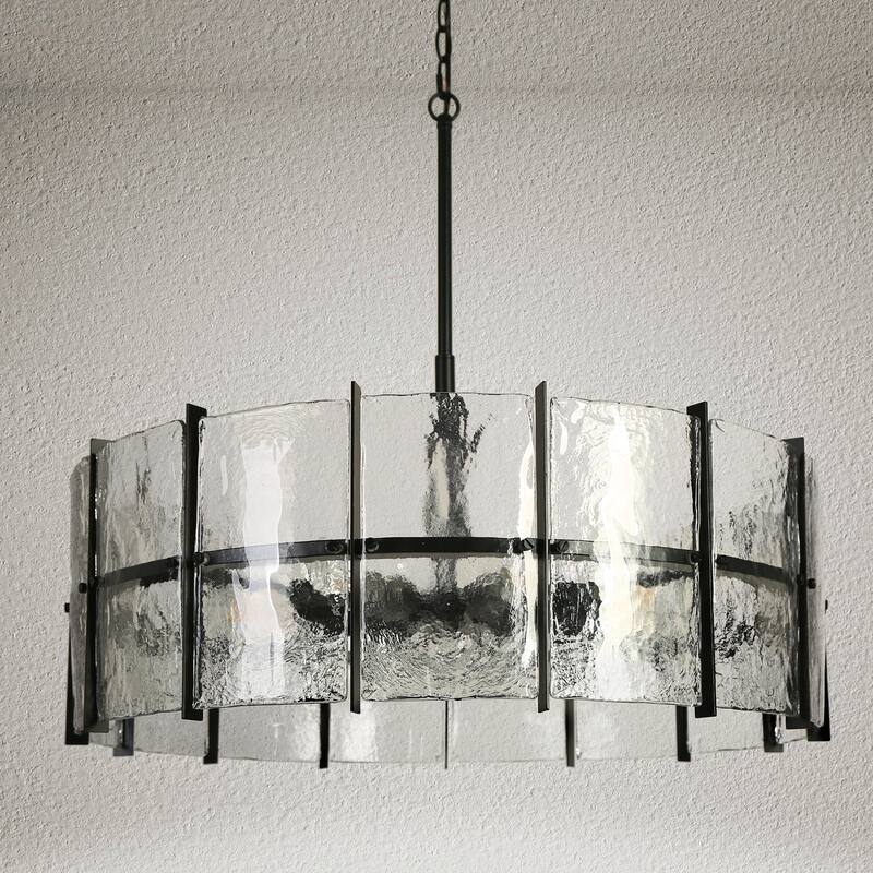 Modern 8-Light Drum Chandelier with Textured Gray Glass Shade For Living Dining Room Foyer - Dia. 31.5" x H 11"