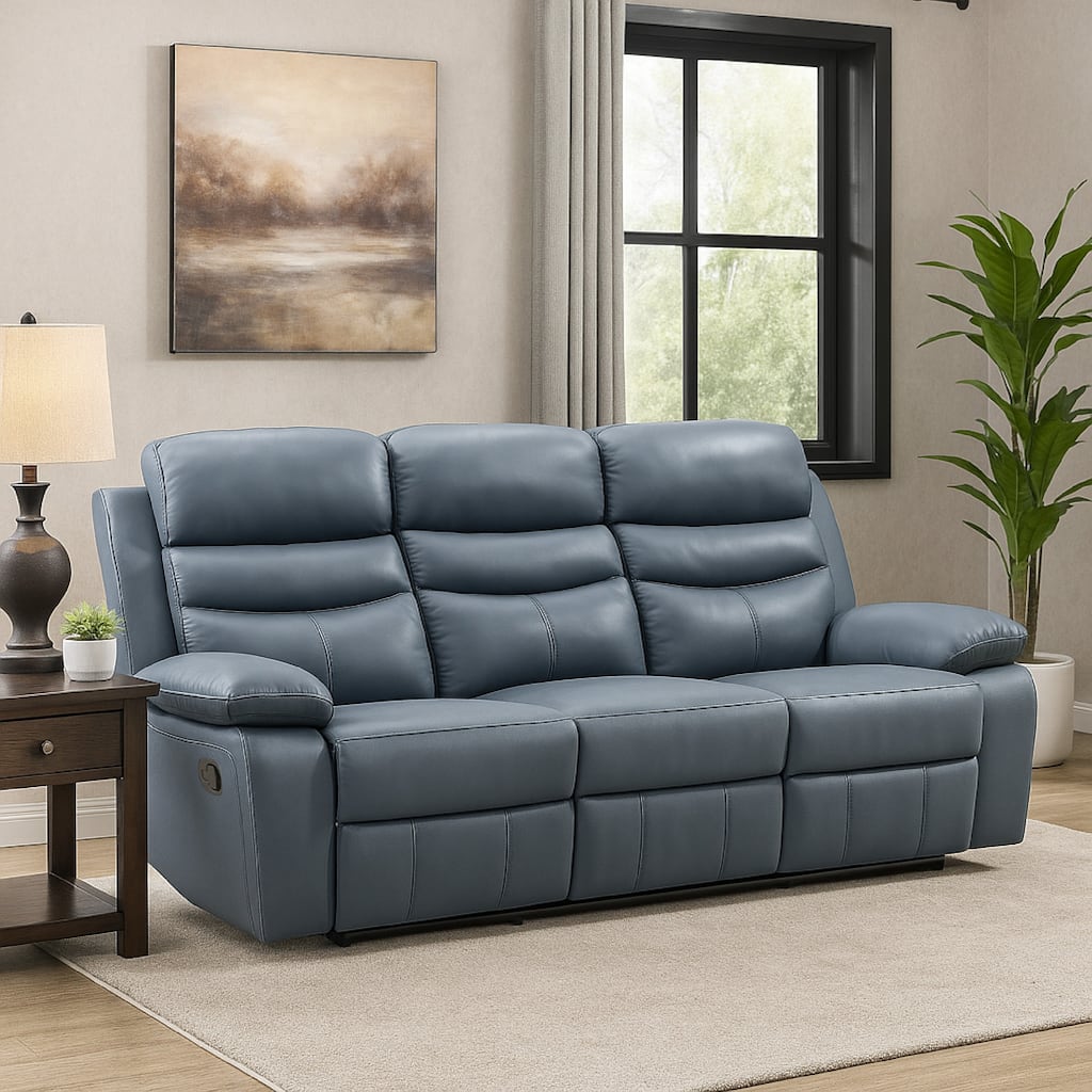 Hanna Manual Double Reclining Sofa, Blue Top Grain Leather, 87 Inch